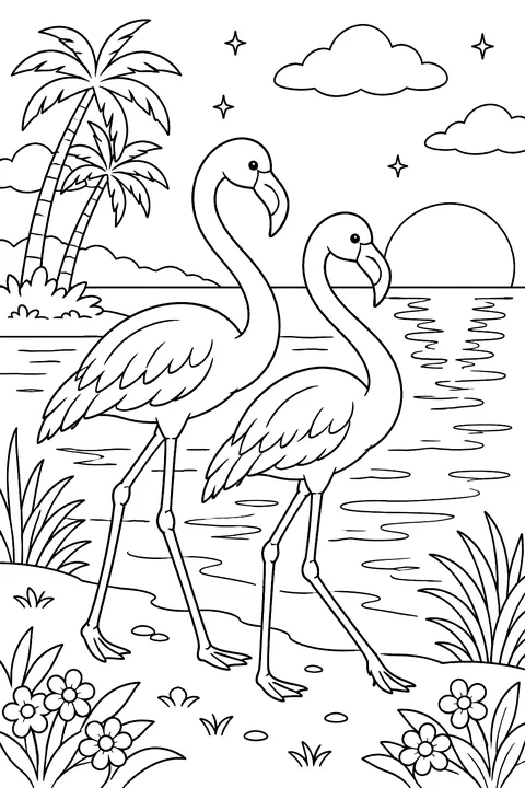 Flamingos walking by the water at sunset coloring page