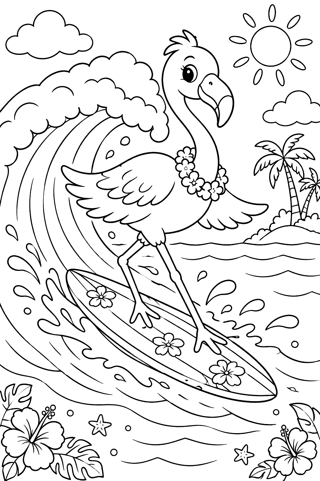 Flamingo surfing a wave coloring page
