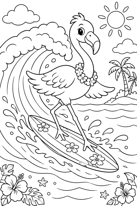 Flamingo surfing a wave coloring page