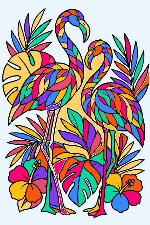 Flamingos among intricate tropical leaf patterns coloring page