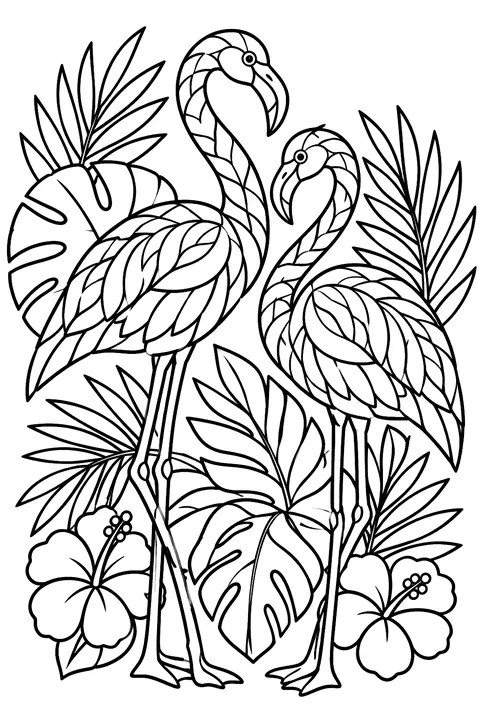 Flamingos among intricate tropical leaf patterns coloring page