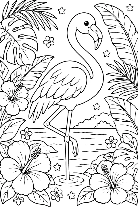 Flamingo among tropical leaves and hibiscus flowers coloring page