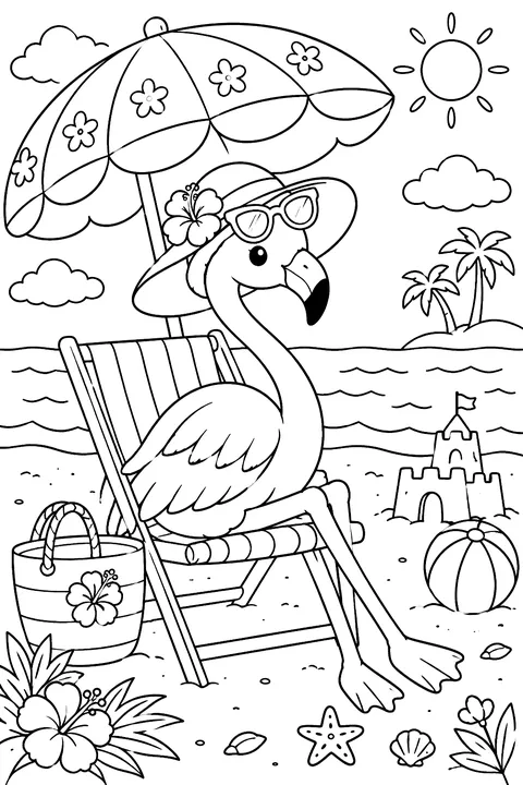 Flamingo under a beach umbrella coloring page