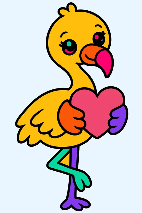 Kawaii flamingo with a heart coloring page