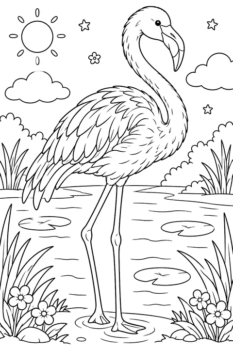 Realistic flamingo with detailed feathers coloring page