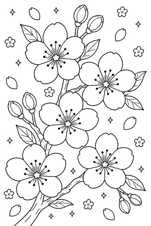 a cherry blossom branch with five large blossoms on a plain background coloring page