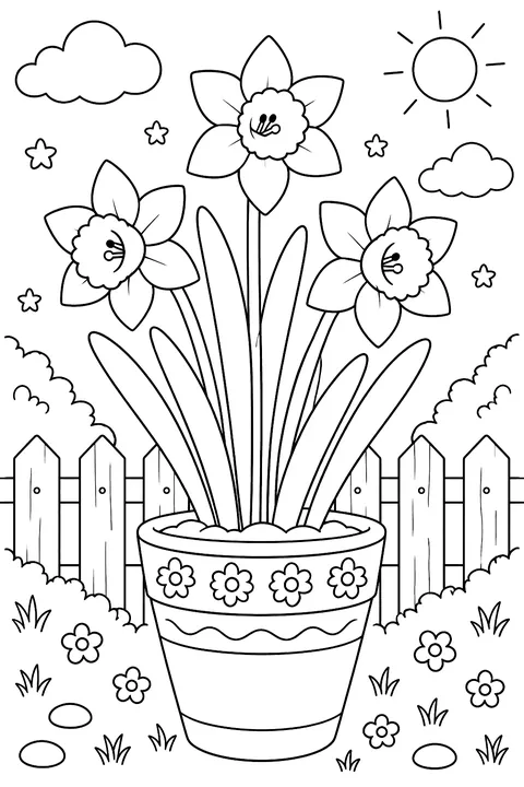 three daffodils in a flower pot by a fence coloring page