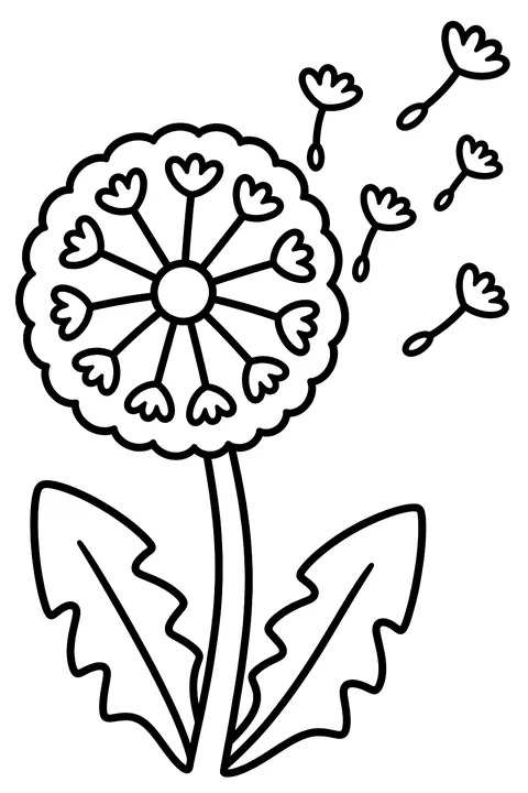 a dandelion puff with seeds blowing in the wind coloring page