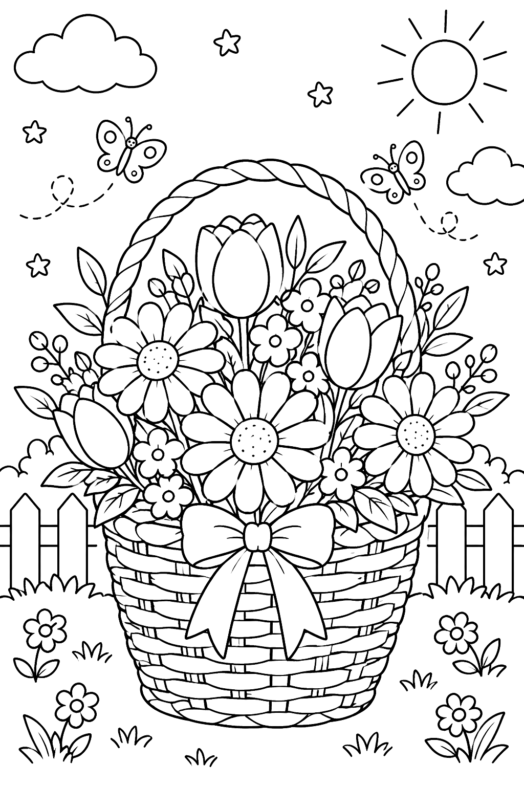 a wicker basket of flowers coloring page