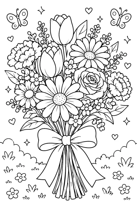 a bouquet of mixed flowers tied with a ribbon coloring page