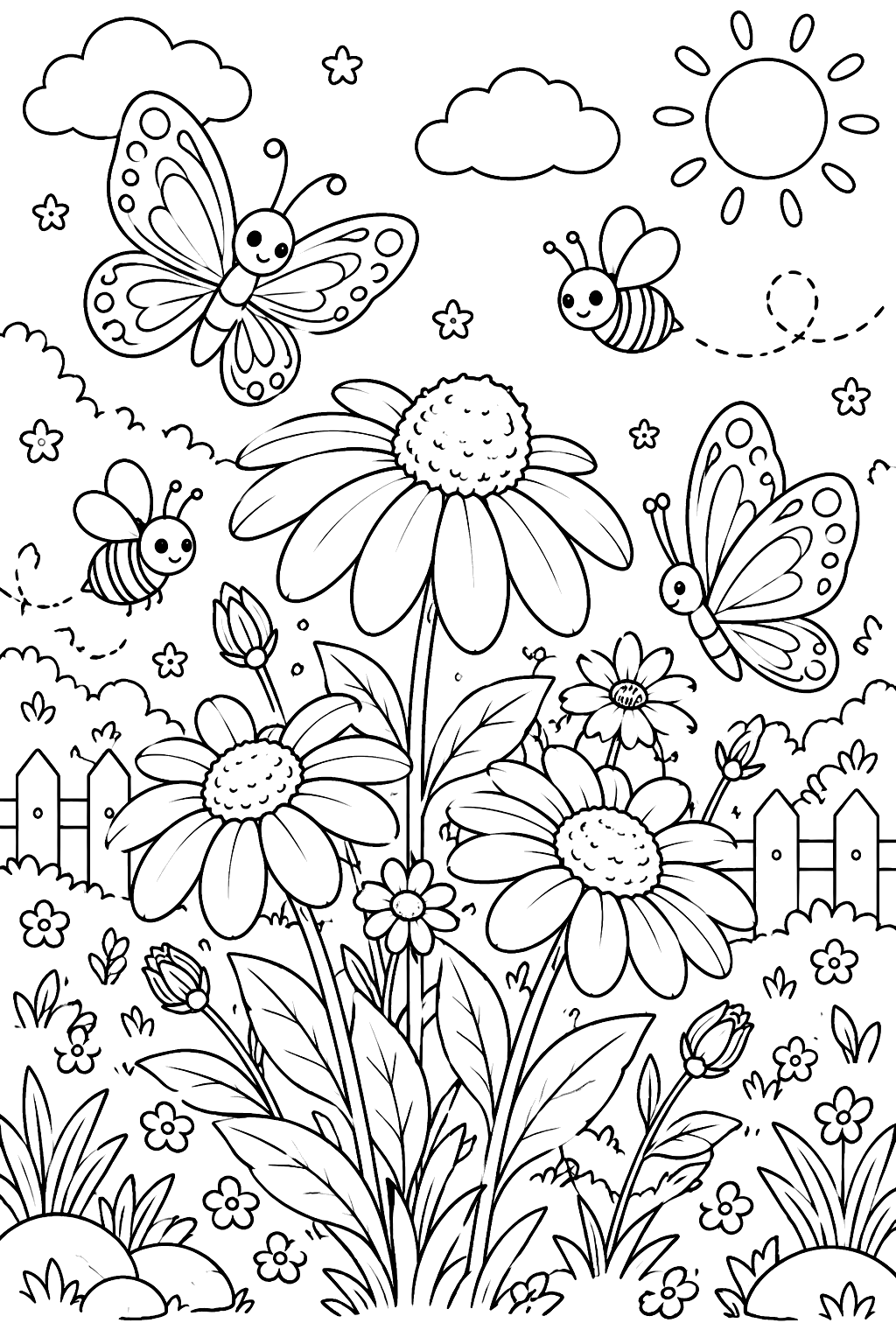 flowers with butterflies and bees around coloring page
