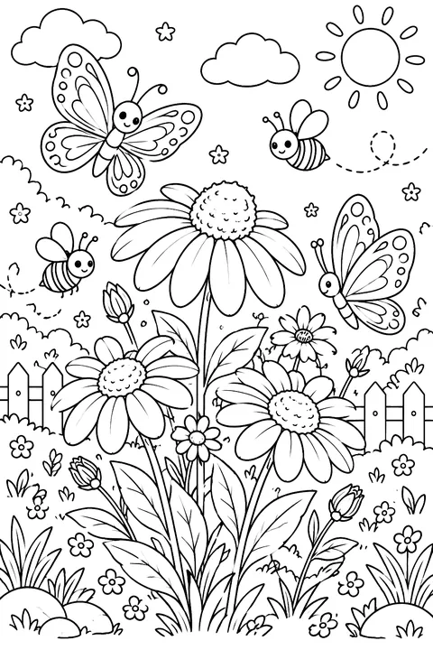flowers with butterflies and bees around coloring page