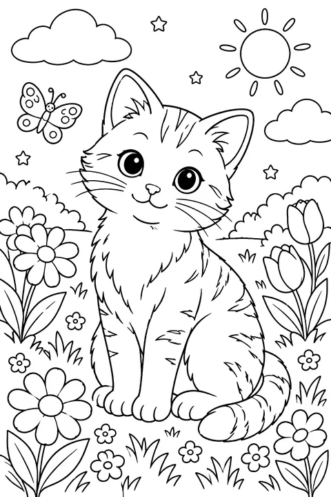 a cat sitting among flowers, with a clear closed outline around the whole cat separating it from the flowers and grass coloring page