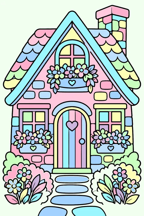 a cottage with window boxes full of flowers coloring page