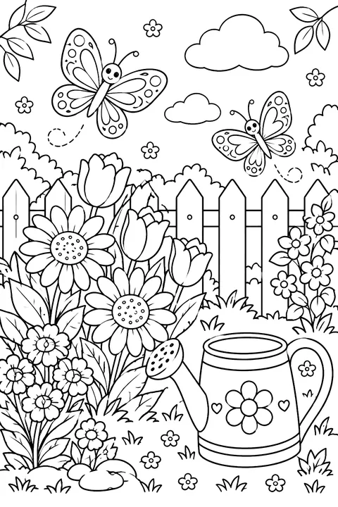 a flower garden with a fence, butterflies and a watering can coloring page
