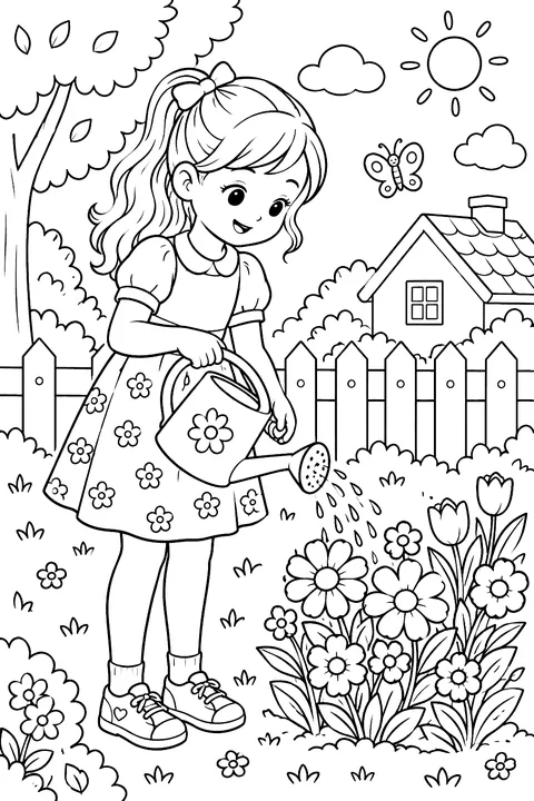 a girl watering flowers in her garden coloring page