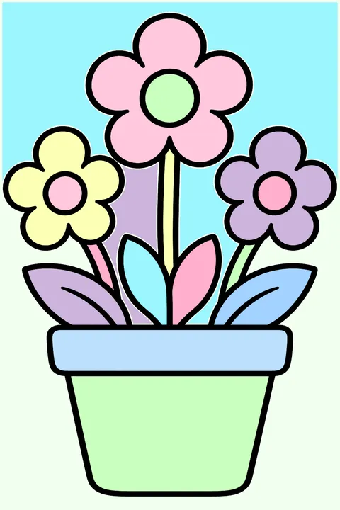 a flower pot with three blooming flowers coloring page