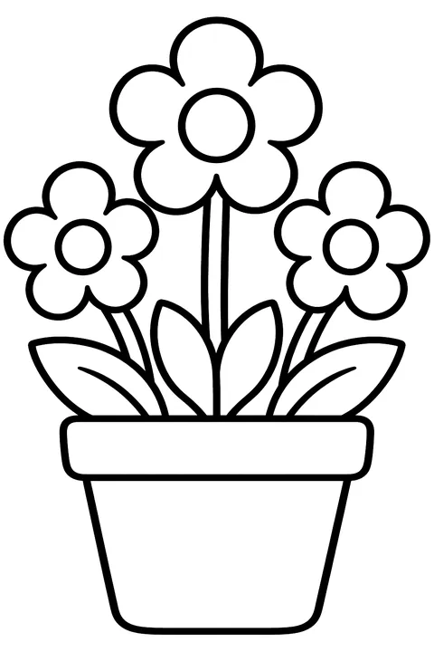 a flower pot with three blooming flowers coloring page