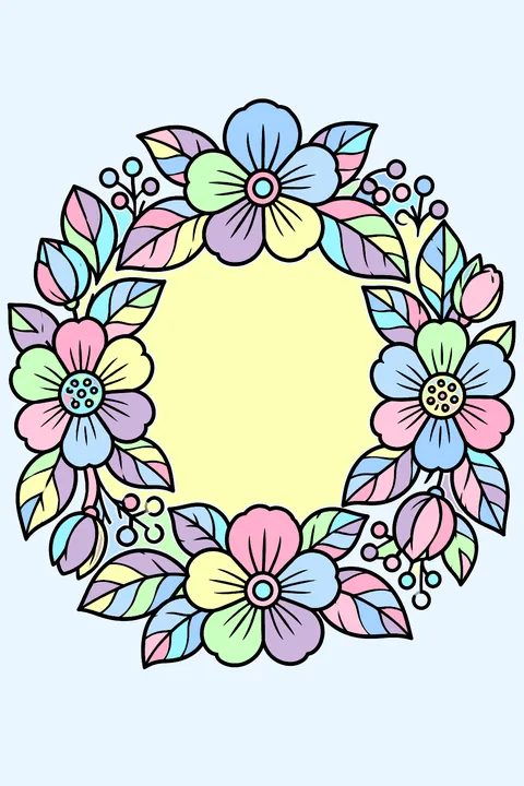 a round wreath made of flowers and leaves centered on the page with a white margin around it and a plain white background coloring page