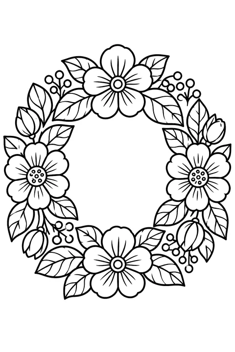 a round wreath made of flowers and leaves centered on the page with a white margin around it and a plain white background coloring page