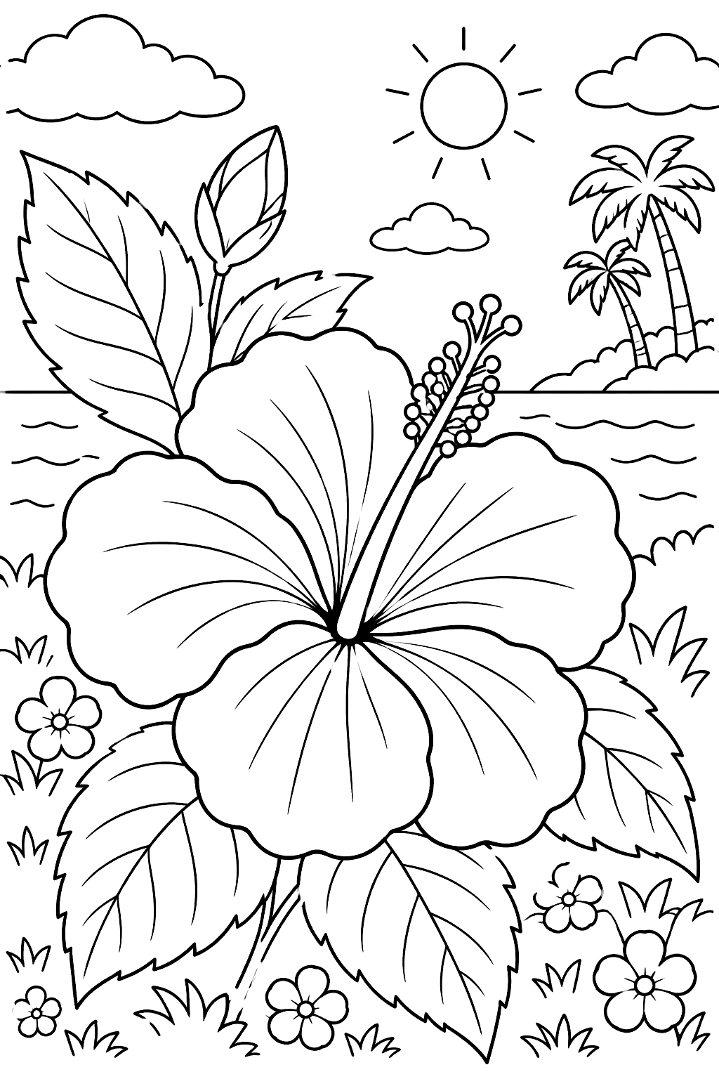 a hibiscus flower with leaves coloring page