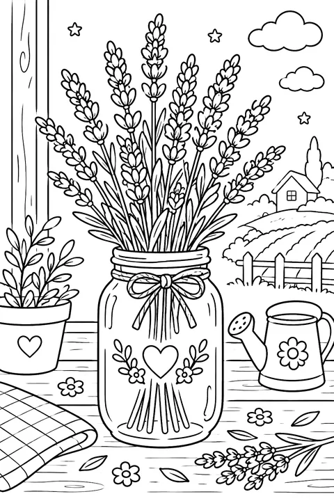 lavender sprigs in a jar coloring page