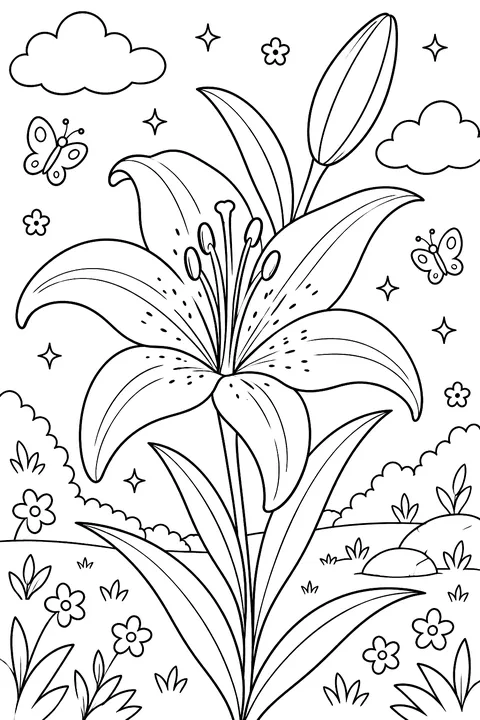 a lily flower with long petals and leaves coloring page