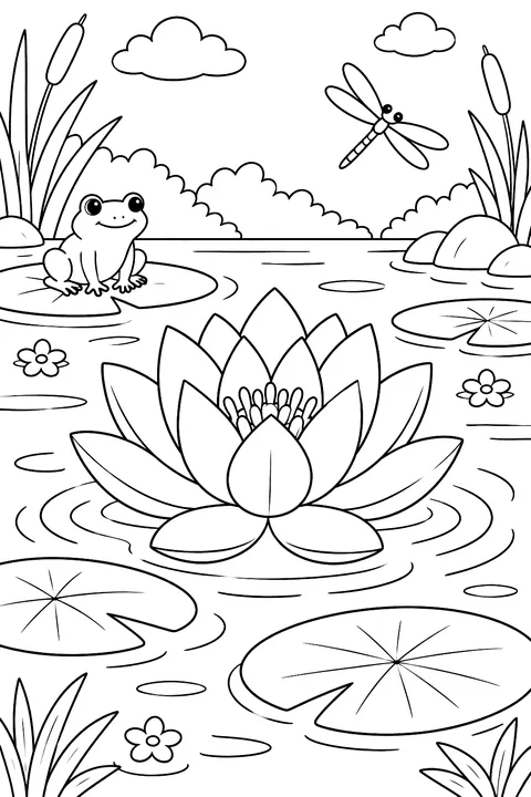 a lotus flower floating on a pond with pads coloring page