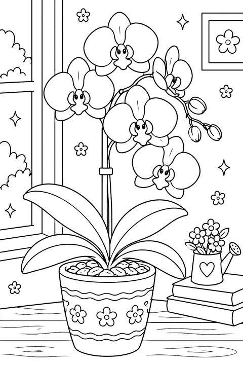an orchid in a pot coloring page