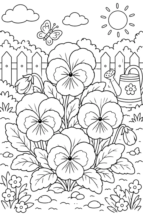 pansies in a garden bed coloring page
