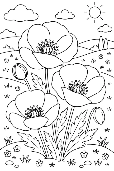 a few large poppies in front of rolling hills coloring page