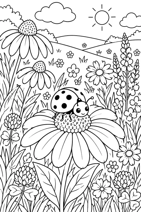 a meadow of wildflowers with a ladybug coloring page