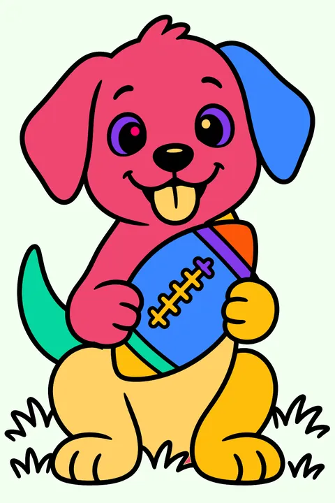 Happy dog holding an oval American football with laces (not a soccer ball) in its paws on a grass field coloring page
