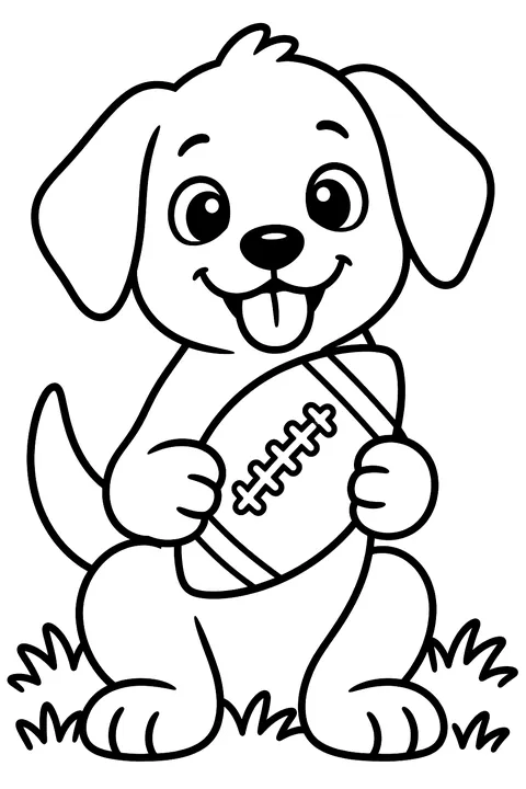 Happy dog holding an oval American football with laces (not a soccer ball) in its paws on a grass field coloring page