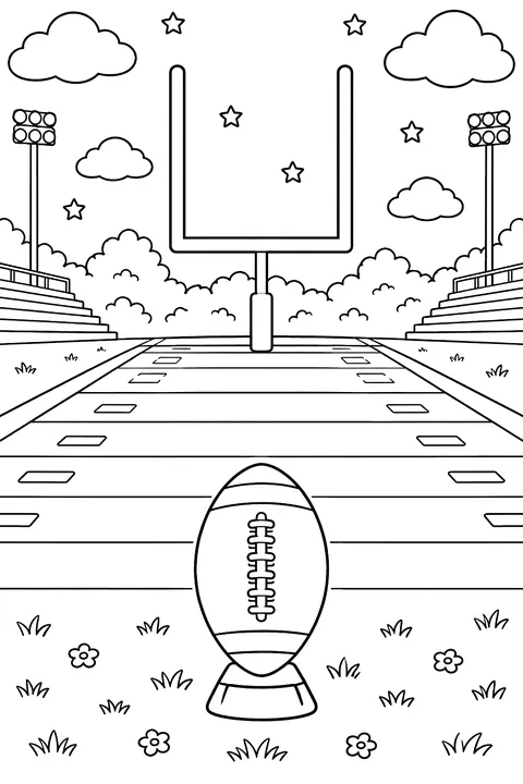 American football field with yard lines and tall yellow-style H-shaped goal posts, an oval football on a kicking tee, no soccer goal coloring page