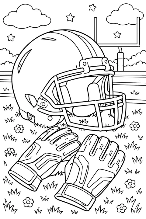 Football gloves and helmet coloring page