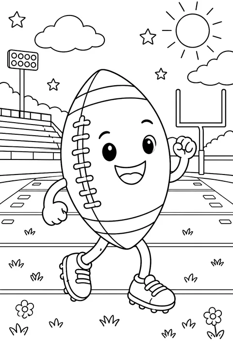 Cartoon an oval American football with laces (not a soccer ball) with a smiling face and little arms and legs on a gridiron field coloring page
