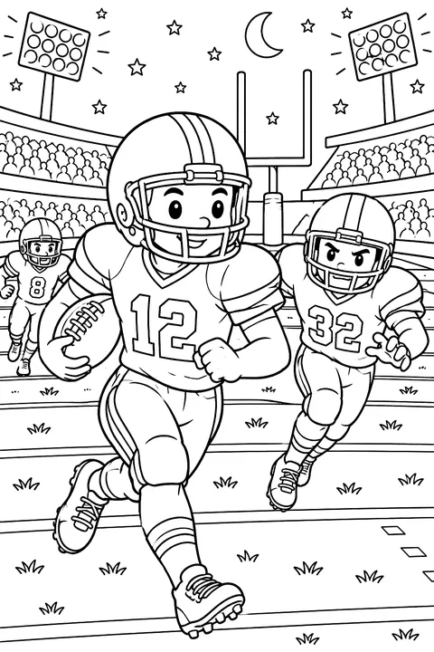 American football stadium at night with stadium lights, H-shaped goal posts, helmeted players in pads and an oval football coloring page