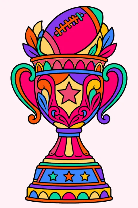 Ornate championship trophy topped with an oval American football with laces (not a soccer ball), surrounded by decorative patterns coloring page