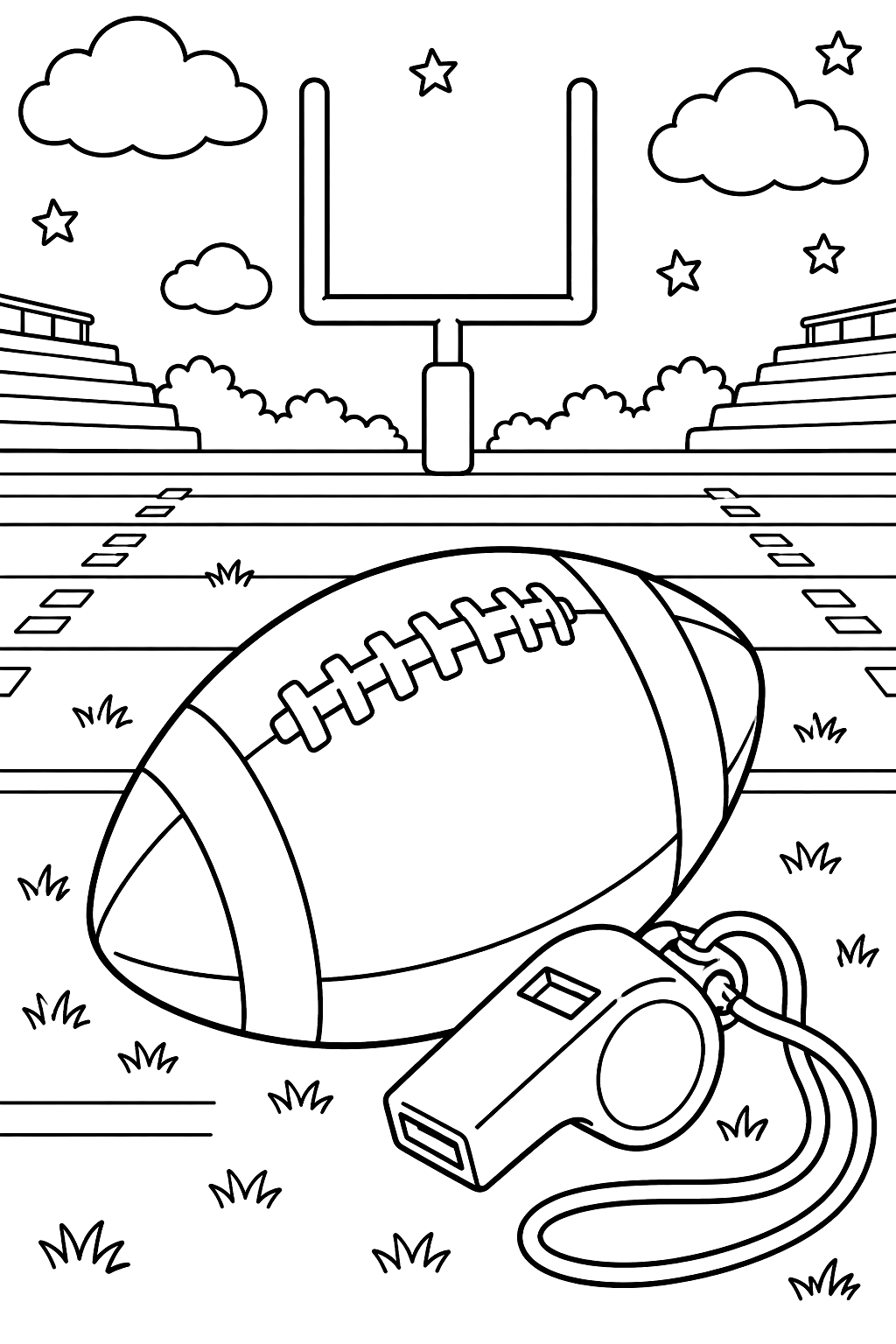 An oval American football with laces (not a soccer ball) and a coach's whistle on a gridiron with H-shaped goal posts coloring page