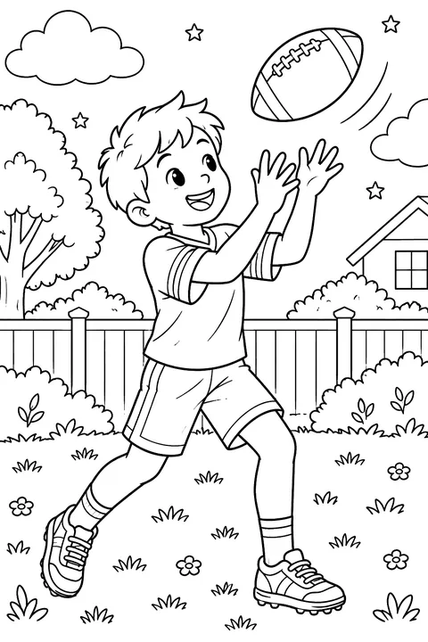Kid catching a football coloring page