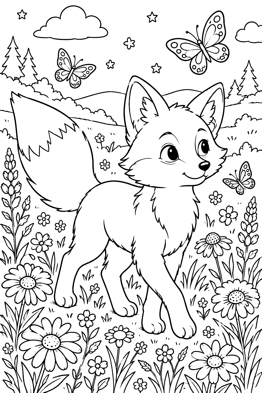 Fox in a Flower Meadow coloring page