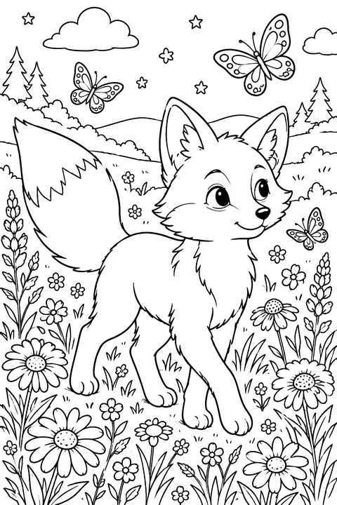 Fox in a Flower Meadow coloring page