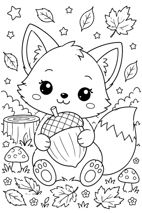 Kawaii Fox With an Acorn coloring page
