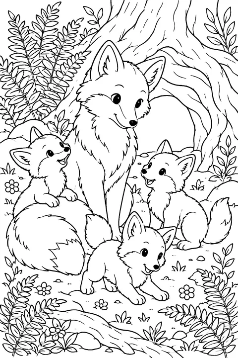 Mother Fox and Kits coloring page