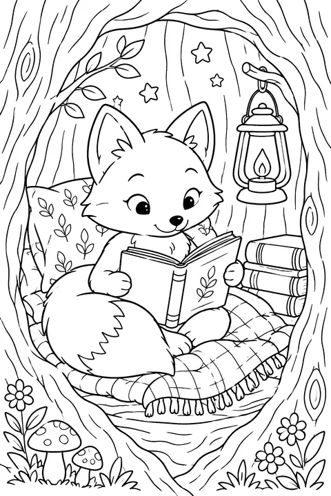 Fox Reading by Lantern Light coloring page
