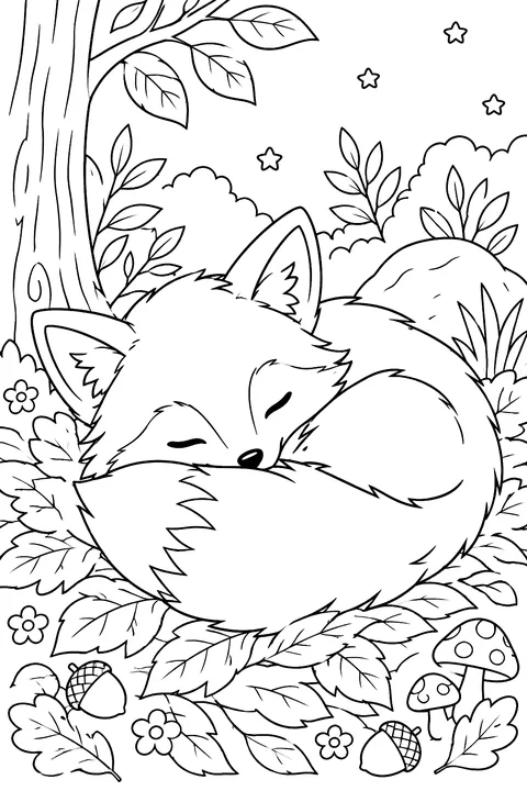 Fox Sleeping in the Leaves coloring page