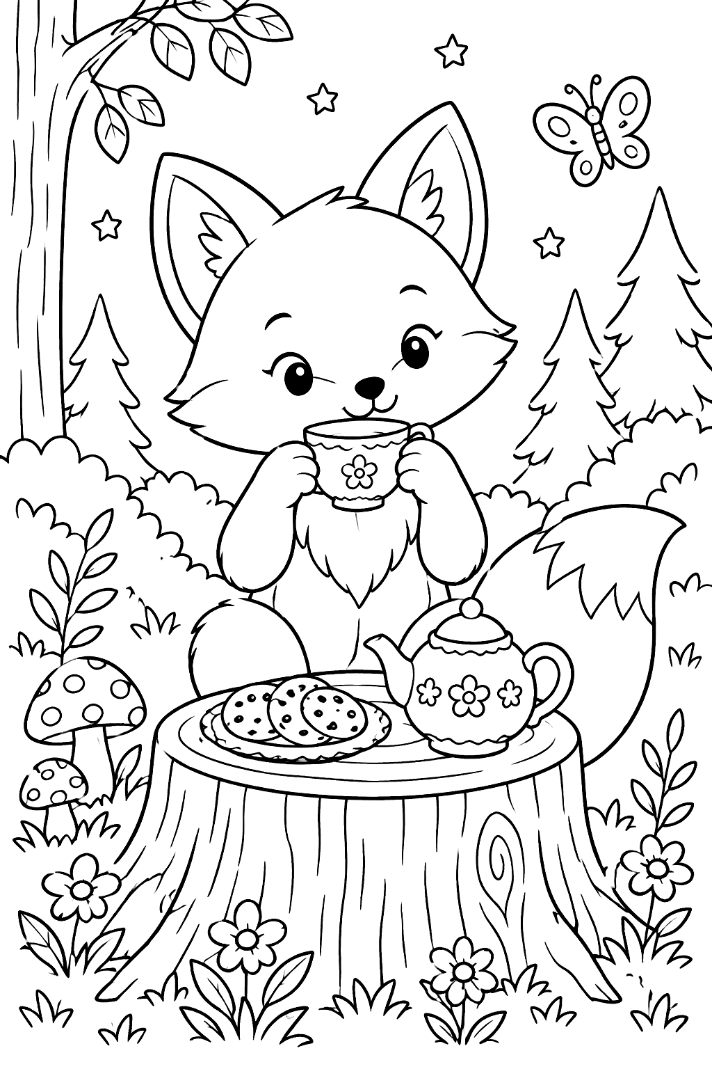 Fox Tea Time coloring page