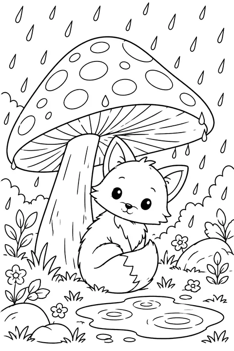 Fox Under a Mushroom coloring page