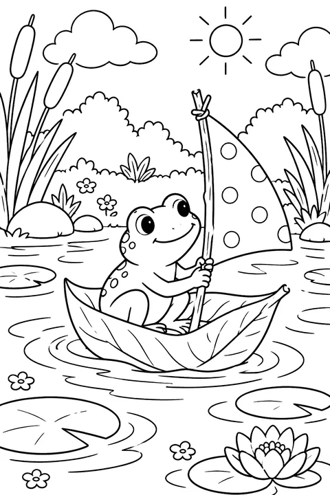 Frog Sailing a Leaf Boat coloring page